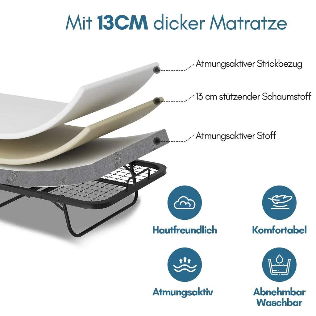 Cama plegable 90 × 200 cm con colchón de 13 cm, hasta 200 kg, marco de metal, ruedas, funda protectora contra el polvo y funda lavable