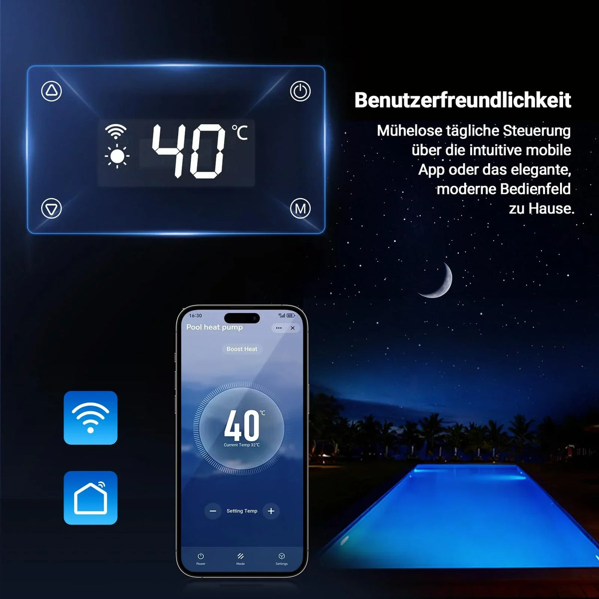Bomba de calor para piscina H5 5 kW para piscinas de hasta 20 m³, COP 5,51, calefacción, refrigeración, control Wi-Fi, intercambiador de calor de titanio