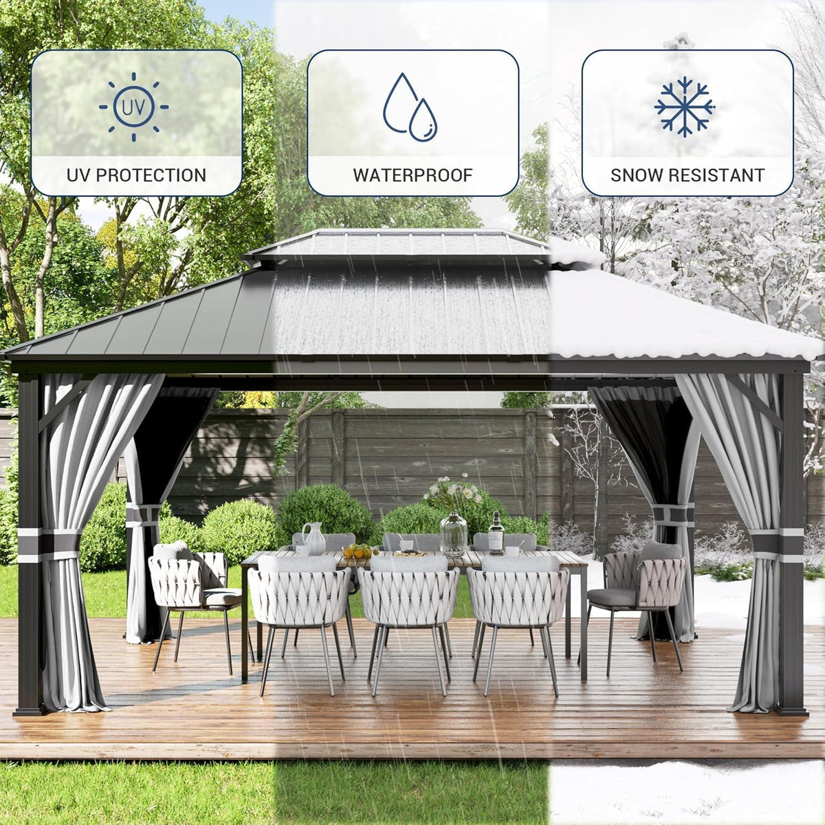 Amopatio 3,65 x 4,85 m Cenador de jardín impermeable, estable y resistente al invierno, cenador de techo rígido, cenador de aluminio con doble techo de acero galvanizado con mosquitera y cortinas para jardín, terraza, césped, gris