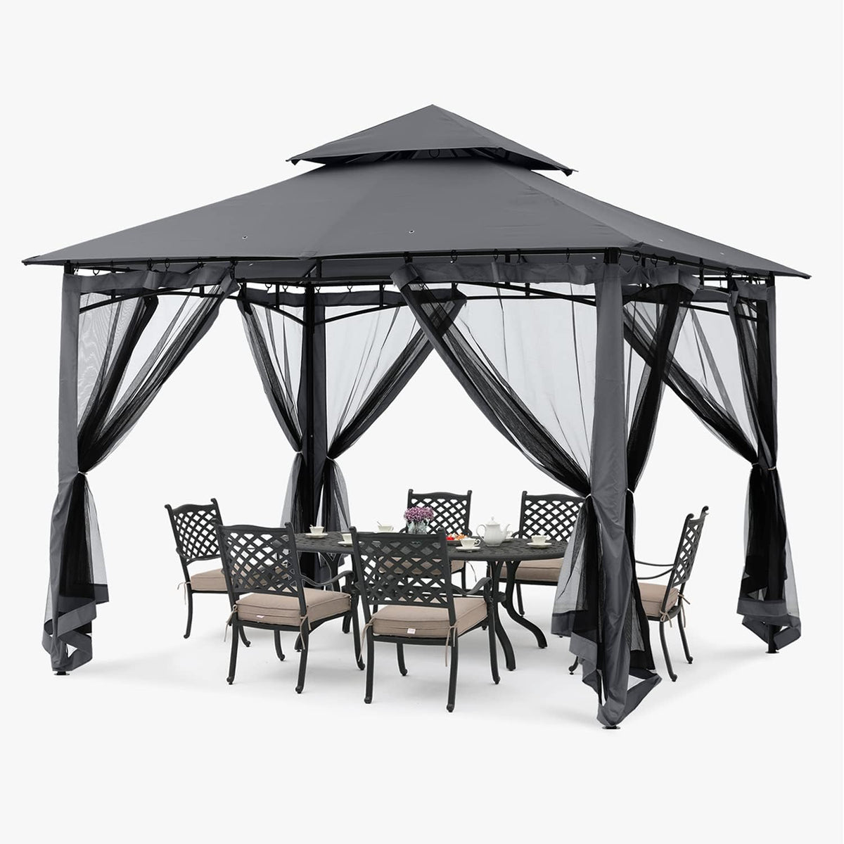 ABCCANOPY Gazebo 2.5x2.5m Impermeable Estable Resistente al invierno, cenador de jardín, techo doble de tela, carpa para fiestas en el patio trasero con malla para sombra y lluvia, Gris