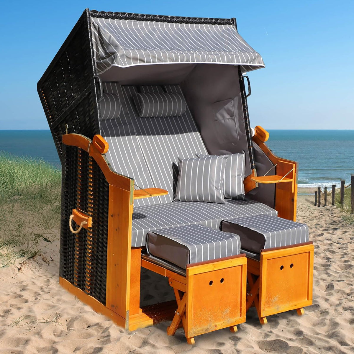 BRAST® Tumbona de playa Rügen Deluxe | para 2 personas | 120 cm de ancho | 5 diseños | incl. funda protectora resistente a la intemperie | respaldo ajustable y cojín de pies suave | Antracita/Gris - a rayas