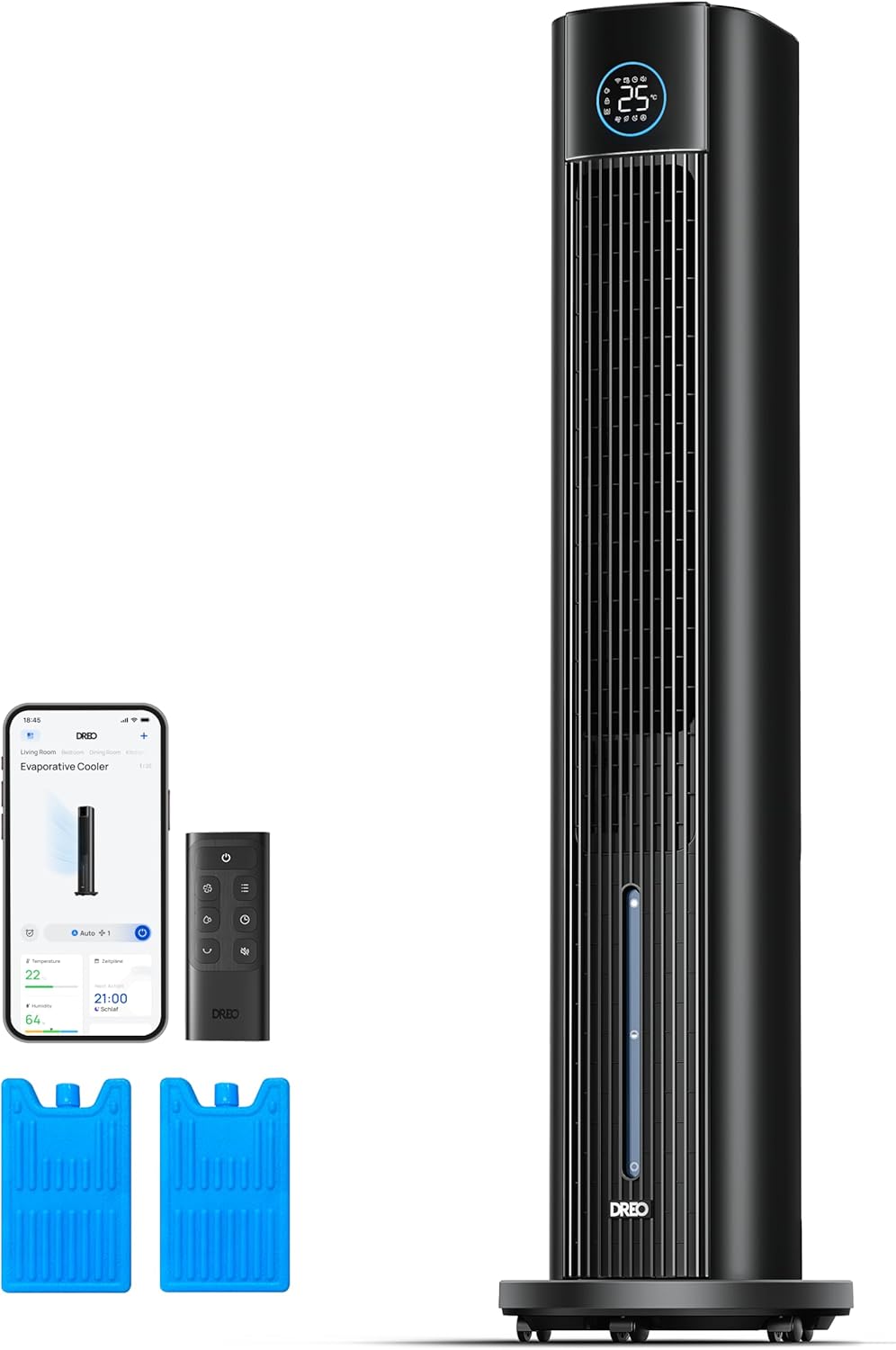 Ventilador de torre DREO con refrigeración por agua, enfriador de aire de 110 cm con refrigeración por agua silenciosa, 4 velocidades y 4 modos, enfriador evaporativo, control por APP, bolsas de hielo, oscilación de 80°, temporizador de 12 h, negro