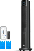 Ventilador de torre DREO con refrigeración por agua, enfriador de aire de 110 cm con refrigeración por agua silenciosa, 4 velocidades y 4 modos, enfriador evaporativo, control por APP, bolsas de hielo, oscilación de 80°, temporizador de 12 h, negro