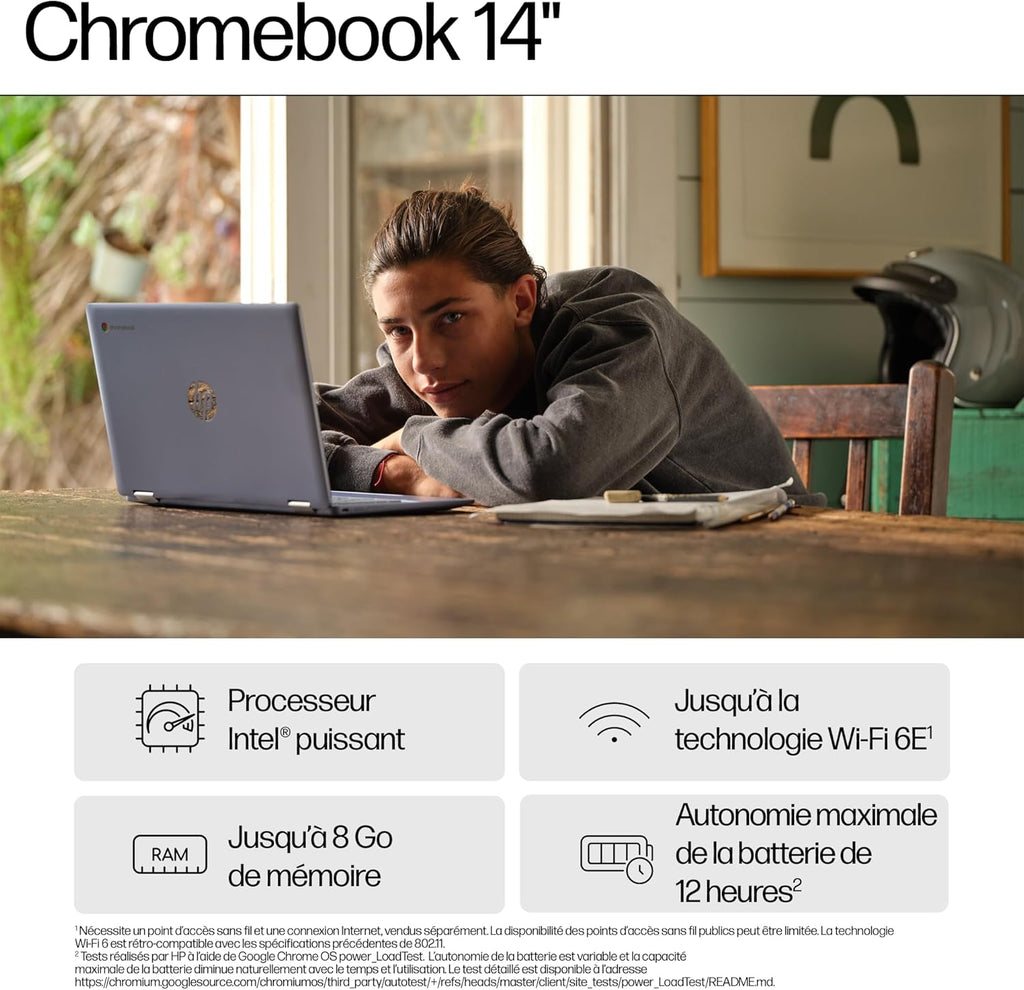 HP Chromebook 14a-nf0001sf Portátil 14" HD, PC Portátil (Intel Celeron N100, RAM 4 GB, Flash 128 GB, Intel Iris XE, Chrome OS), Ordenador Portátil Plata, Teclado AZERTY