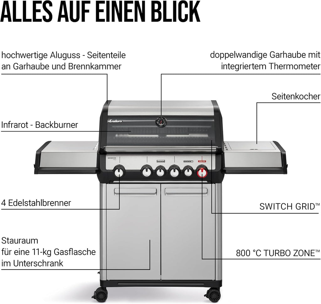 Barbacoa de gas Enders® MONROE PRO 4 SIKR TURBO, 4 quemadores de acero inoxidable, hornillo lateral, quemador trasero por infrarrojos, ventana de visualización, HEAT RANGE™, SWITCH GRID™, 800 °C TURBO ZONE™, SIMPLE CLEAN™, #8362