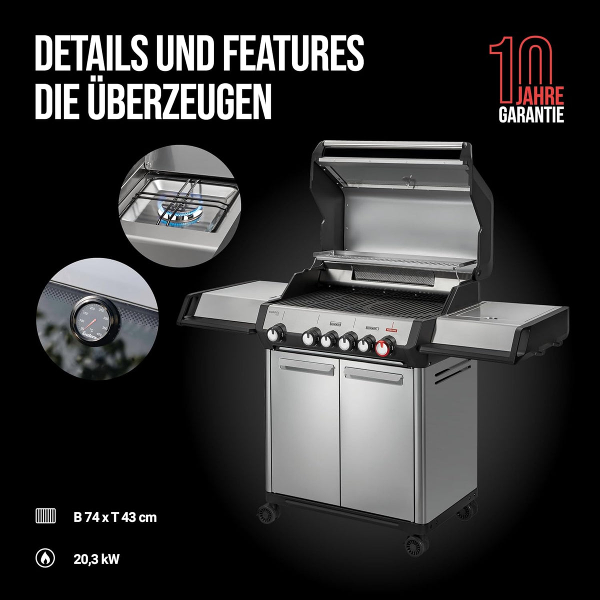 Barbacoa de gas Enders® MONROE PRO 4 SIKR TURBO, 4 quemadores de acero inoxidable, hornillo lateral, quemador trasero por infrarrojos, ventana de visualización, HEAT RANGE™, SWITCH GRID™, 800 °C TURBO ZONE™, SIMPLE CLEAN™, #8362