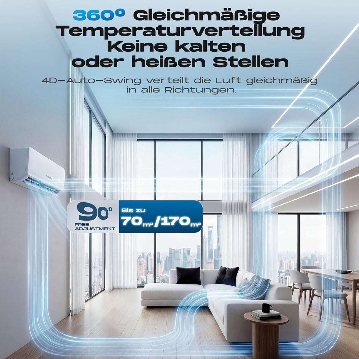 Aire acondicionado split 12000 BTU, dispositivo 4 en 1 con calefacción, refrigeración, deshumidificación y ventilación, hasta 70 m², ultra silencioso, control remoto y APP, temporizador 24 h/modo sueño/ahorro de energía ECO, incl. material de montaje