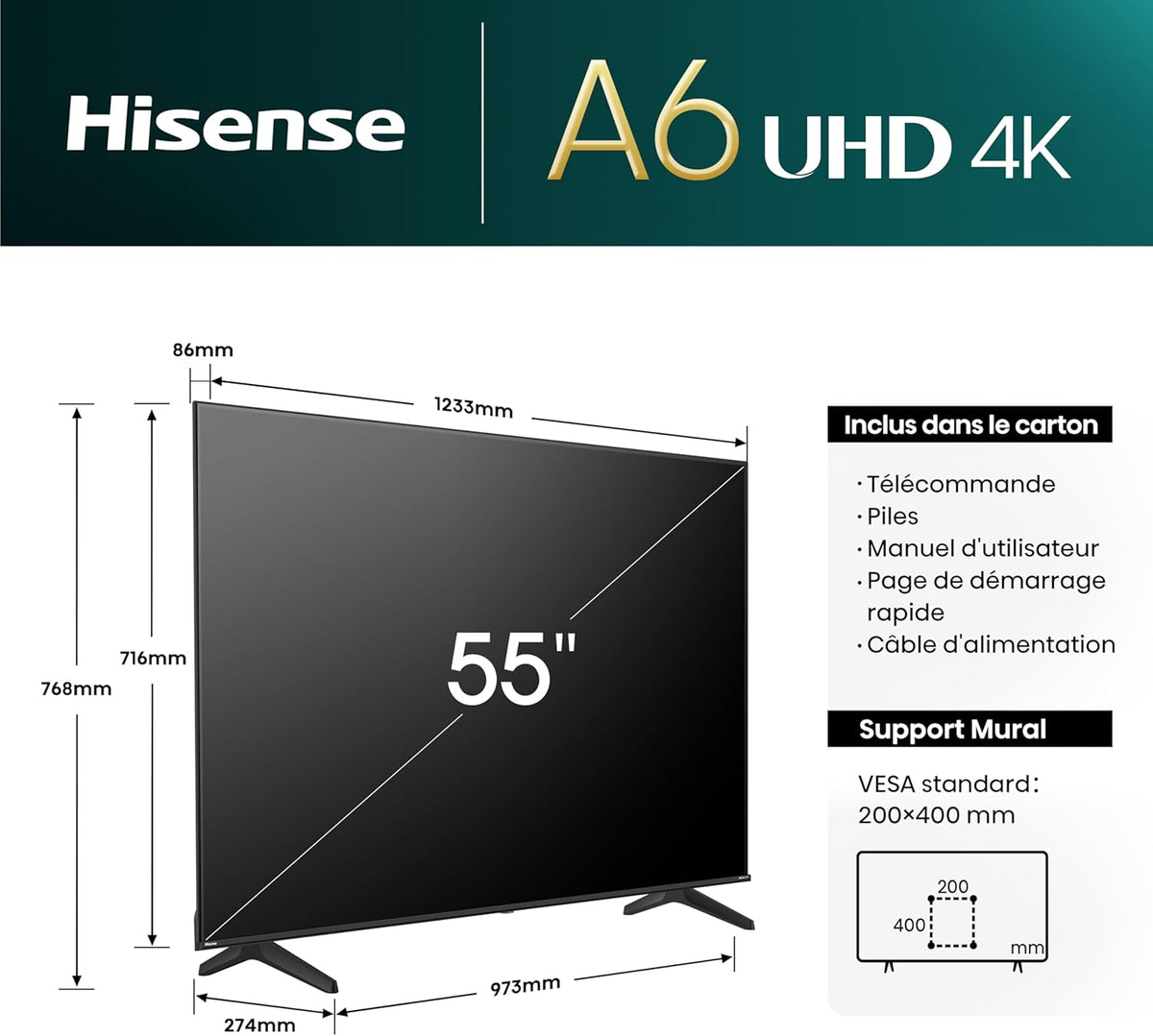 Hisense Smart TV 55 pulgadas 55A6N 4K UHD Dolby Vision HDR VIDAA con Youtube, Netflix, Disney+, Channel+ (Modelo 2024)