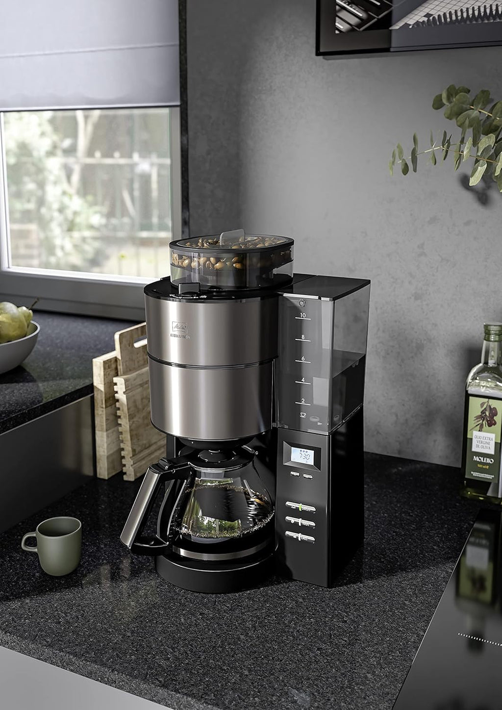 Melitta AromaFresh - Cafetera de filtro - con jarra de cristal - molinillo integrado - función de temporizador - 10 tazas - Negro puro