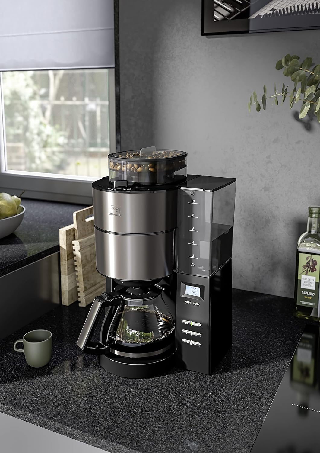 Melitta AromaFresh - Cafetera de filtro - con jarra de cristal - molinillo integrado - función de temporizador - 10 tazas - Negro puro