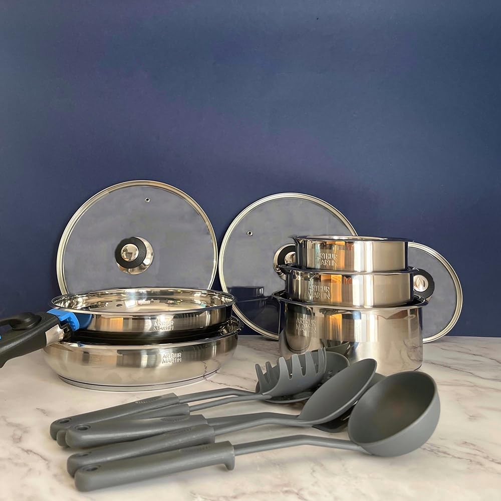 AM5535 : Batería de cocina de 15 piezas Arthur Martin, sartenes y cacerolas de acero inoxidable con accesorios, interior pulido espejo, compatible con todas las fuentes de calor, incluida inducción, color cromo