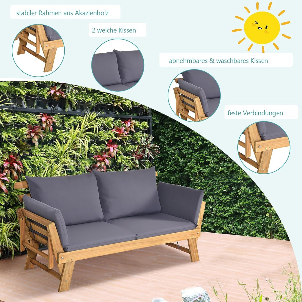 GIANTEX Banco de jardín con función de tumbona, sofá de jardín con reposabrazos plegables, banco de balcón con cojines, banco de exterior de madera de acacia, sofá lounge de 3 plazas, sofá cama para balcón, jardín y terraza | Diseño 3 en 1