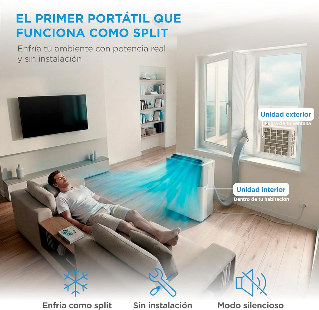 Aire Acondicionado Portátil Midea Portasplit 4 en 1 | 3000 frigorías / 12000 BTU | Split portátil de bajo consumo con modo silencio | Deshumidificador, calefactor, ventilador y climatizador para hasta 45 m2