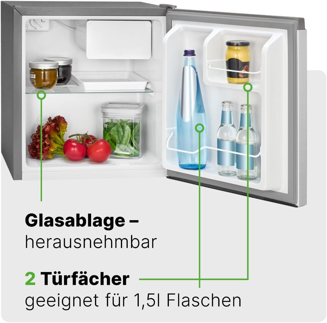 Mininevera Bomann de 45L con compartimento congelador, nevera pequeña y silenciosa para cocina, oficina, camping y gaming, frigorífico pequeño con puerta reversible - Mininevera, enfriador de bebidas, minibar KB 7245 inox