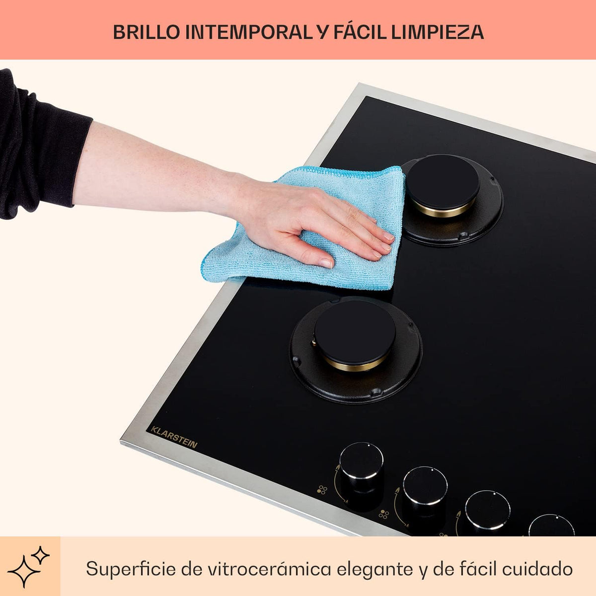 Klarstein Cocina de Gas Butano, Placa de Gas 4 Fuegos 8000W, Placa de Gas Integrada para Cocina, Placa de Gas Butano de Diseño, Encimera de Gas con Base de Vidrio y Acero Inoxidable