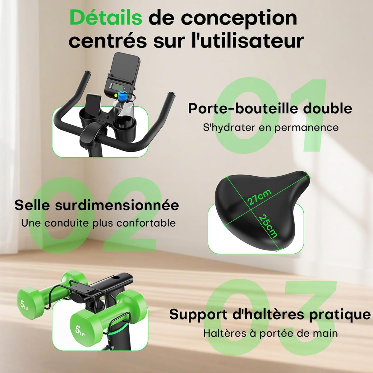 Bicicleta estática para casa, bicicleta de fitness interior silenciosa con resistencia ajustable, bicicleta estática con aplicación, soporte para mancuernas, pantalla LCD, asiento cómodo, capacidad de 180 kg