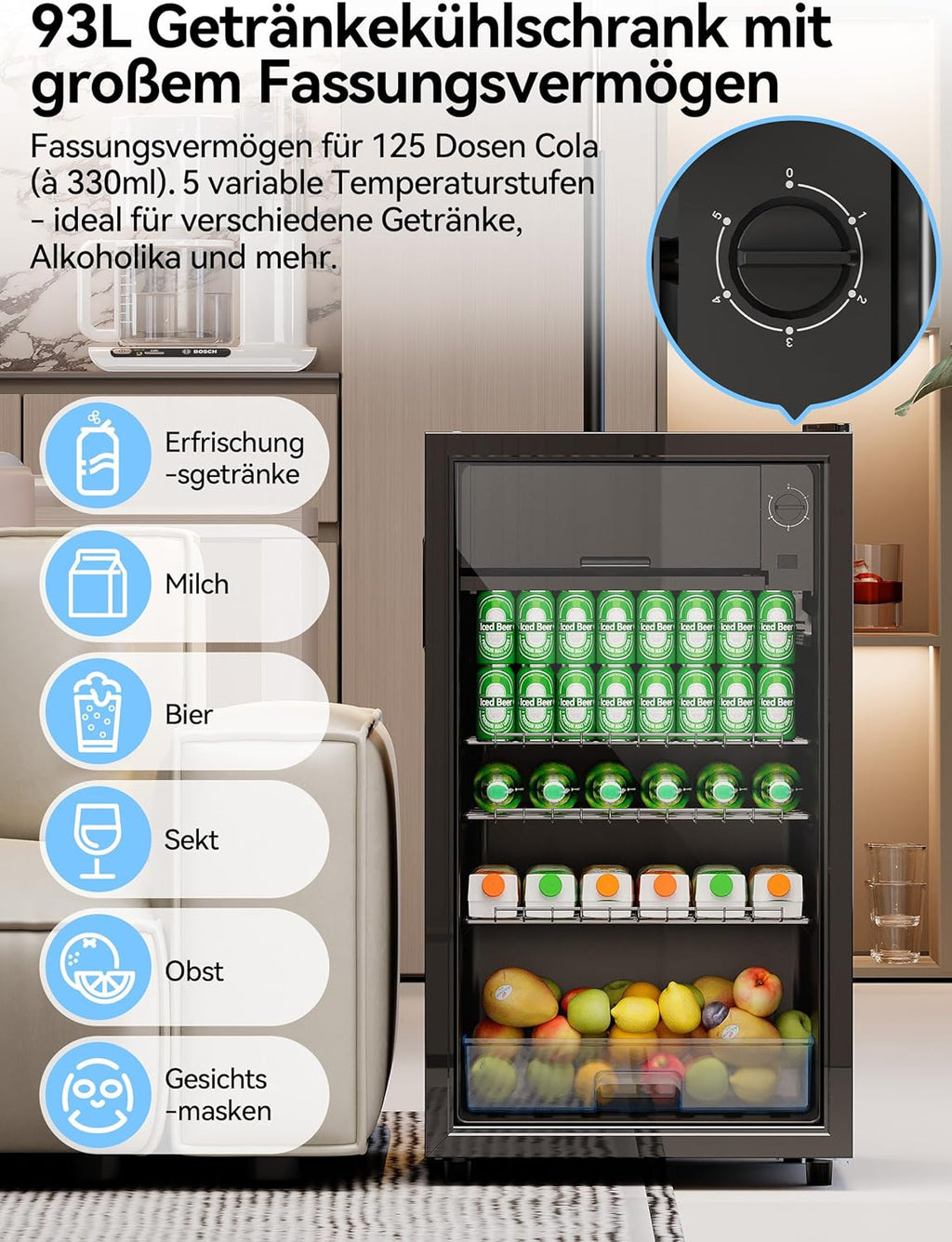 Devoko Refrigerador de bebidas con puerta de cristal, mininevera de 93 L, con luces LED RGB, estantes ajustables, para interior/exterior, para el hogar, oficina, fiestas y hostelería, minibar, refrigerador negro