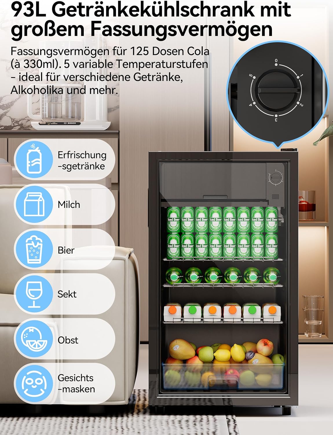 Devoko Refrigerador de bebidas con puerta de cristal, mininevera de 93 L, con luces LED RGB, estantes ajustables, para interior/exterior, para el hogar, oficina, fiestas y hostelería, minibar, refrigerador negro