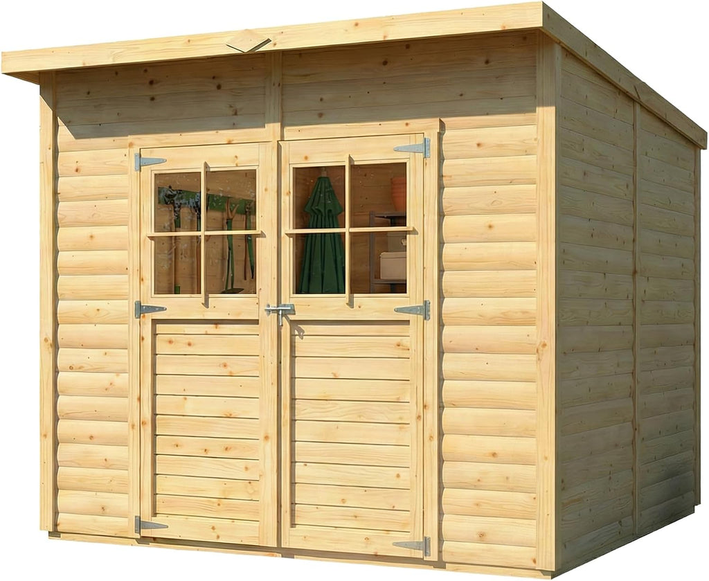 Cobertizo Alpholz Alster 251x254cm acabado natural con 19mm de grosor de pared y techo inclinado, incluye suelo