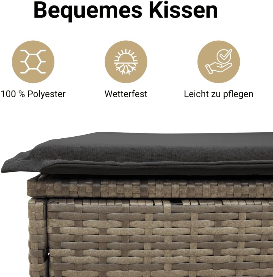 Sofá de jardín de 2 plazas vidaXL con cojines, sofá de exterior con taburete con almacenamiento, sofá con funda extraíble, muebles de jardín, juego de jardín, ratán sintético gris y madera de acacia