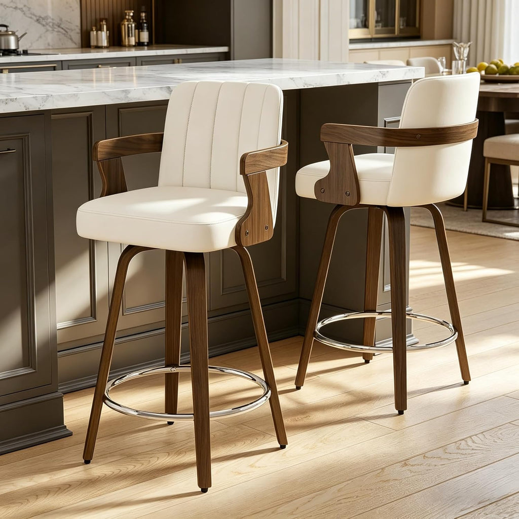 Juego de 2 taburetes de bar giratorios 360° con reposabrazos, altura del asiento de 65 cm, acolchados (7 cm) de piel sintética, silla de bar con patas de madera y reposapiés, taburete de cocina para isla, mostrador y comedor, blanco