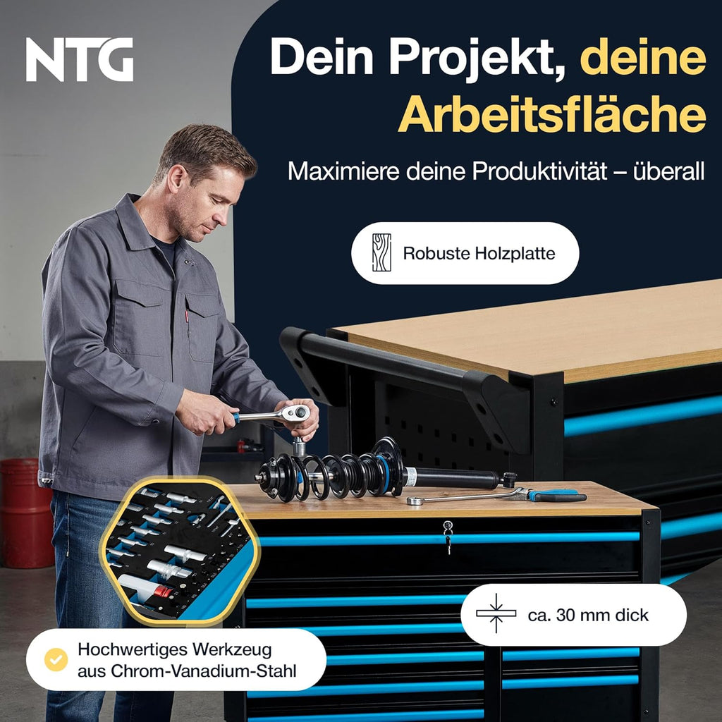 Carro de herramientas XXL NTG – equipado con 471 piezas – 12 cajones con encimera de madera, bloqueable, móvil sobre ruedas – Carro de taller profesional de metal para garaje y taller
