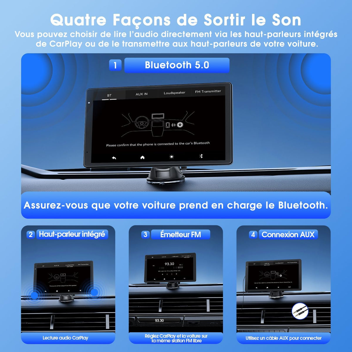 Pantalla Avylet CarPlay y Android Auto inalámbrica de 8'' con cámara de reversa AHD 1080P, Mirror Link, control por voz, llamadas manos libres, Bluetooth, actualización OTA, navegación GPS, AUX, FM