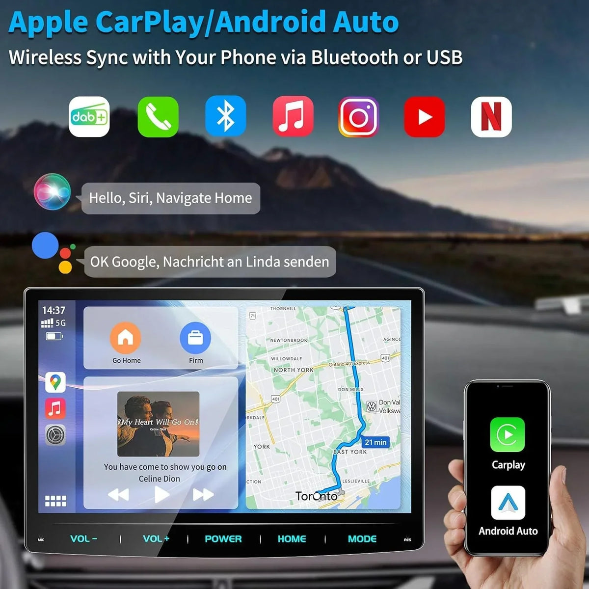Autoradio Android 13 de 10,1 pulgadas, Apple CarPlay inalámbrico, Android Auto, navegación, DAB+, 1 DIN, Bluetooth, 8 núcleos, 32 GB, WiFi, 4G, GPS, cámara de visión trasera