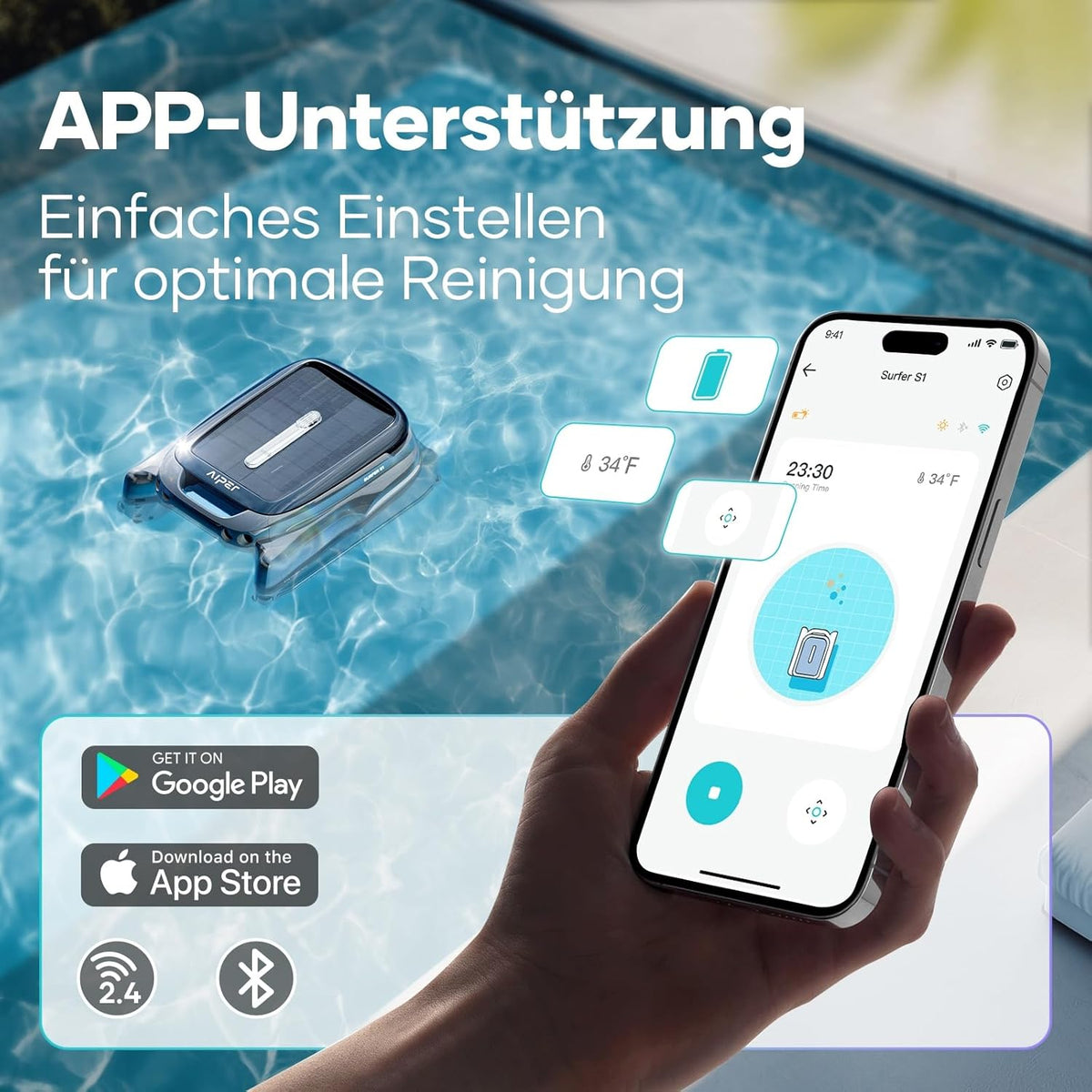 AIPER Surfer S1 Skimmer para piscina, robot de piscina con batería solar, Solarseeker, limpieza de superficie de agua, 20 horas de autonomía, aplicación inteligente, temperatura del agua, ideal para todo tipo de piscinas