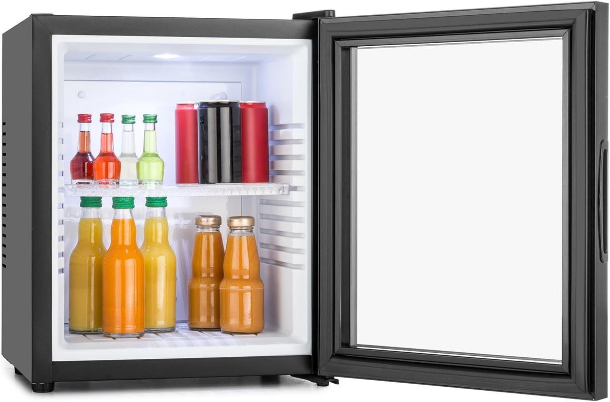 Minibar Klarstein MKS-13, mininevera, refrigerador de bebidas con estante (36 litros, silencioso, fácil de limpiar), negro y plateado