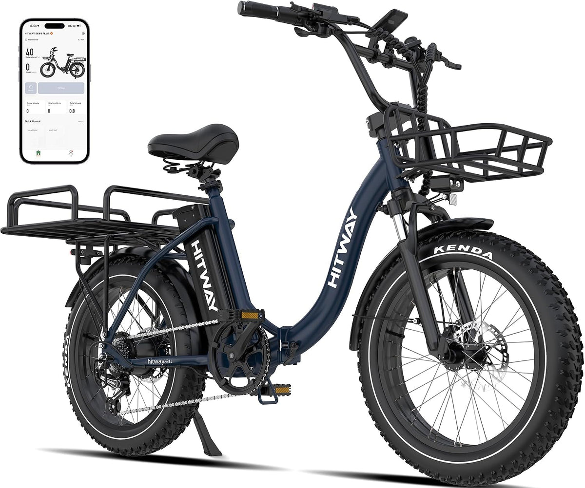 Bicicleta eléctrica HITWAY BK6S Plus con batería de 48V 27Ah y autonomía de 110-150 km, bicicleta eléctrica urbana de 20 pulgadas con neumáticos anchos y doble cesta portaequipajes, motor de 250W, 25 km/h, cambio de 7 velocidades