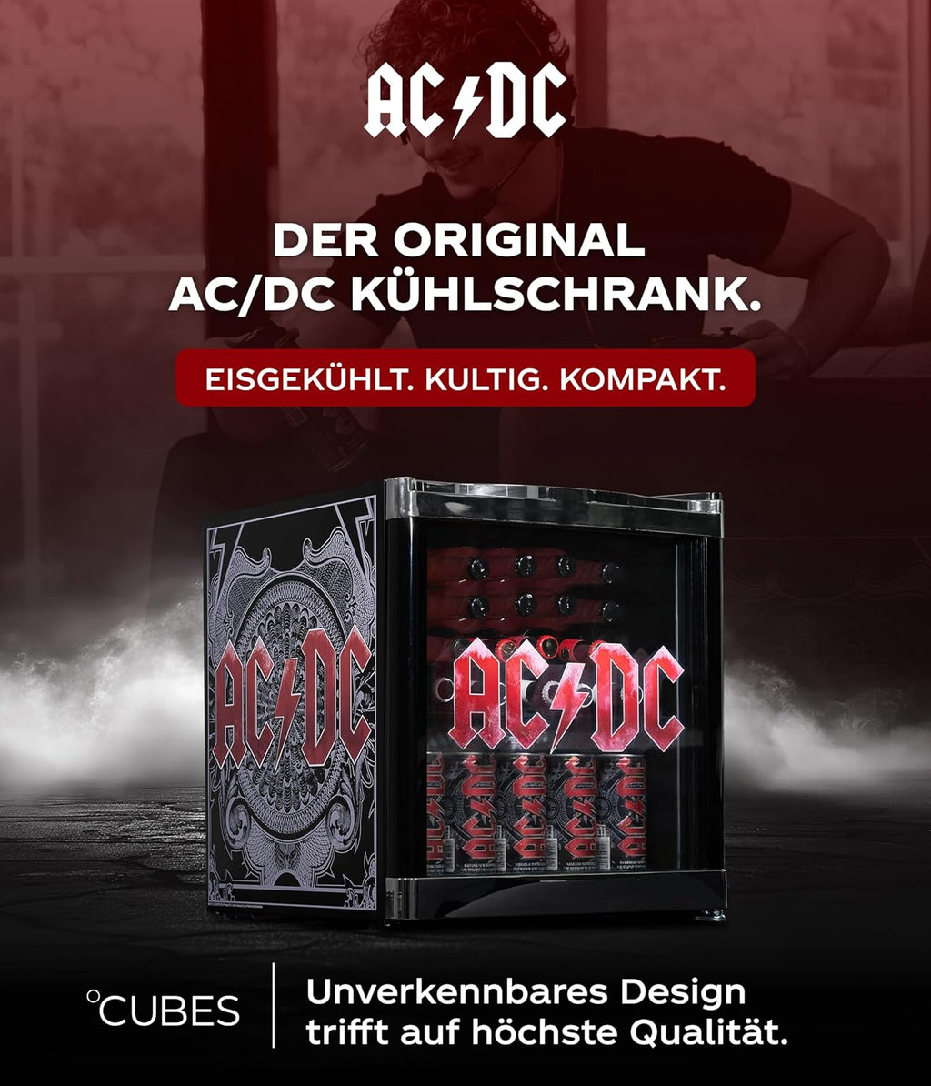 Mininevera °CUBES AC/DC de 48 L – Refrigerador de bebidas con puerta de cristal y sentido de apertura reversible | Silencioso y eficiente energéticamente (39 dB) | Perfecto para bar, oficina y gaming | Diseño icónico para fans del rock
