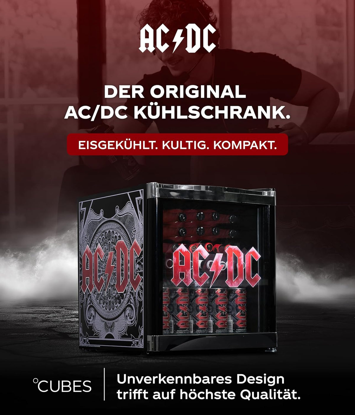 Mininevera °CUBES AC/DC de 48 L – Refrigerador de bebidas con puerta de cristal y sentido de apertura reversible | Silencioso y eficiente energéticamente (39 dB) | Perfecto para bar, oficina y gaming | Diseño icónico para fans del rock