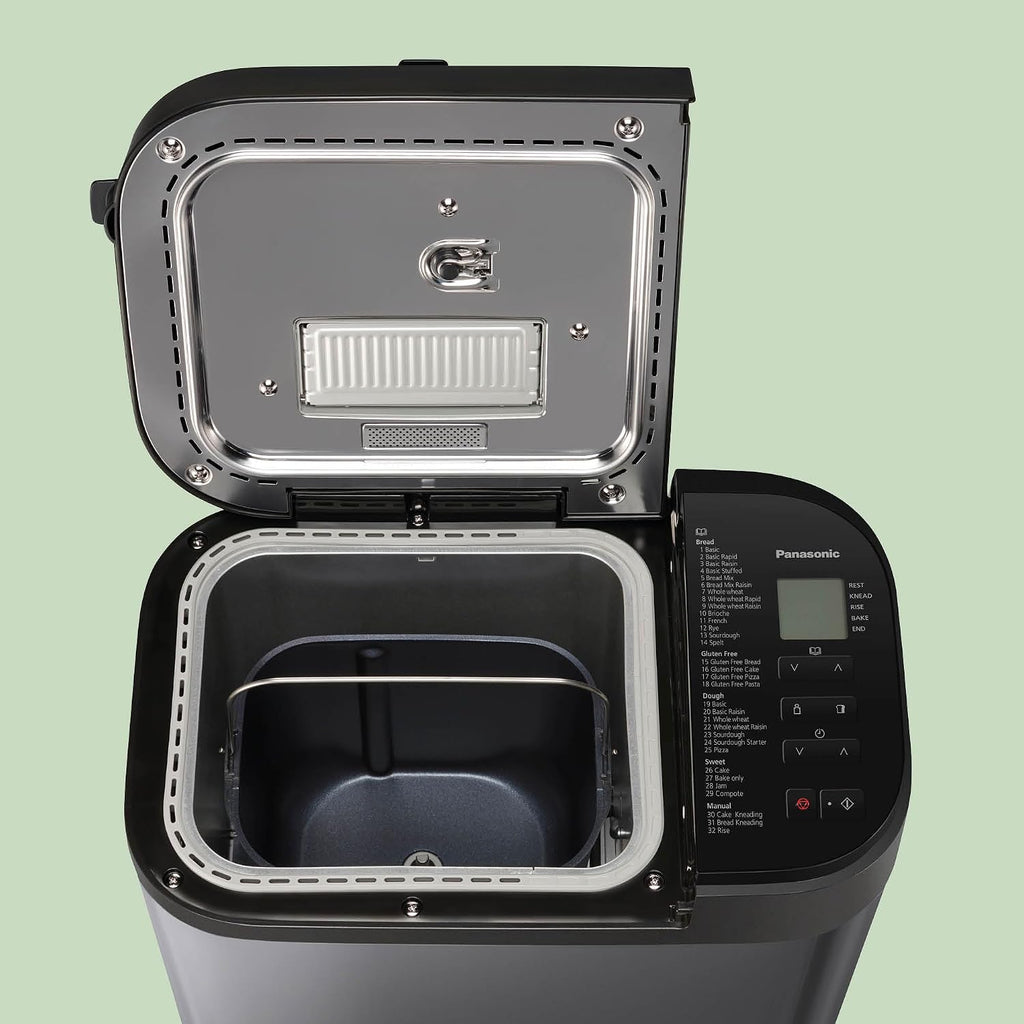 Panasonic SD-YR2540 Panificadora automática premium, diseño horizontal y dispensador de levadura, 32 programas automáticos, dos sensores de temperatura, temporizador de 13 horas, gris