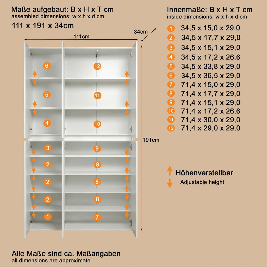Armario multiusos Nevada 213215701 111 x 191 x 34 cm, 6 puertas, 12 estantes con barra para colgar ropa
