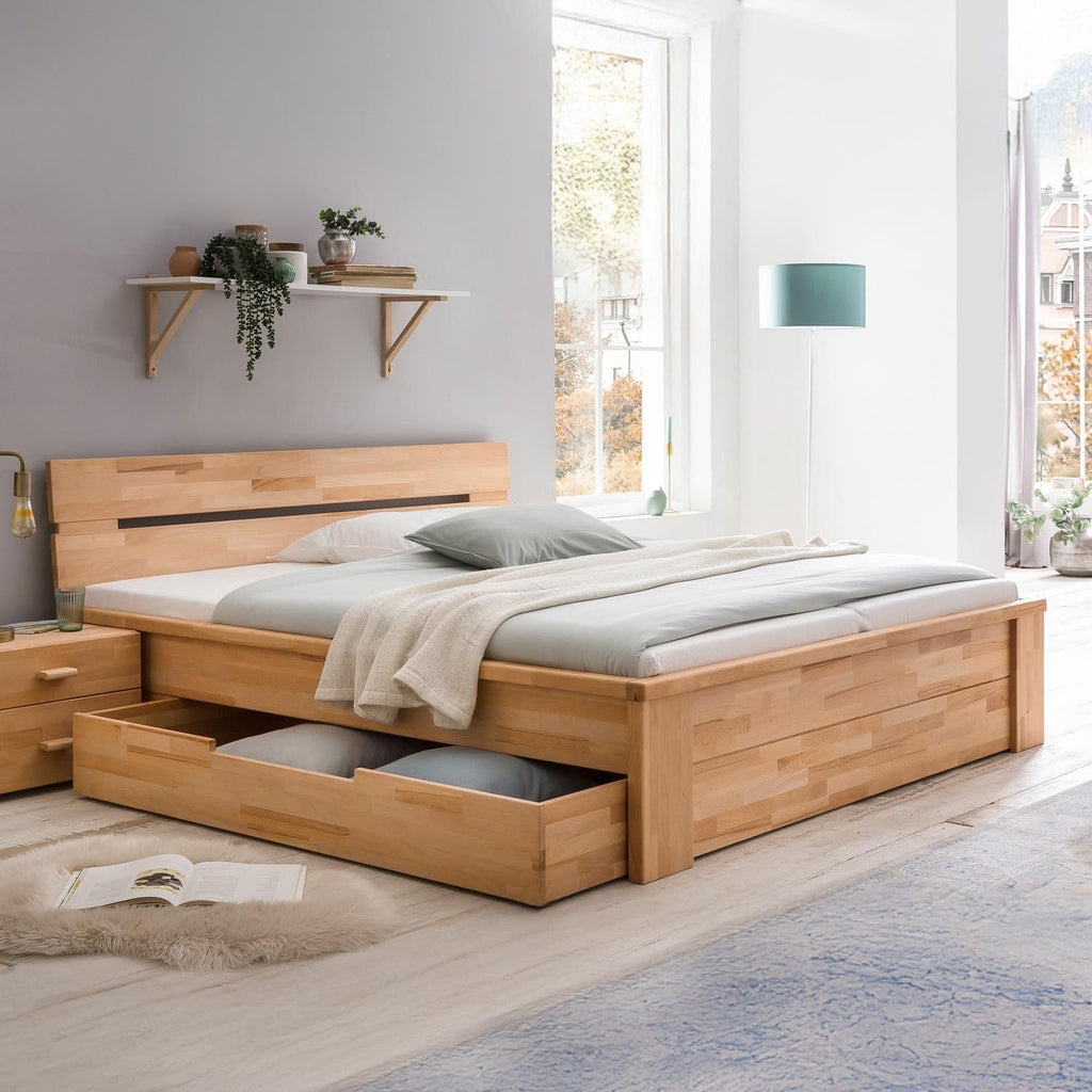 Cama de matrimonio de madera maciza Tamira 140x200 cm, haya natural aceitada con cajones de almacenamiento, altura confortable, encolado tipo parqué, capacidad de carga: 160 kg.