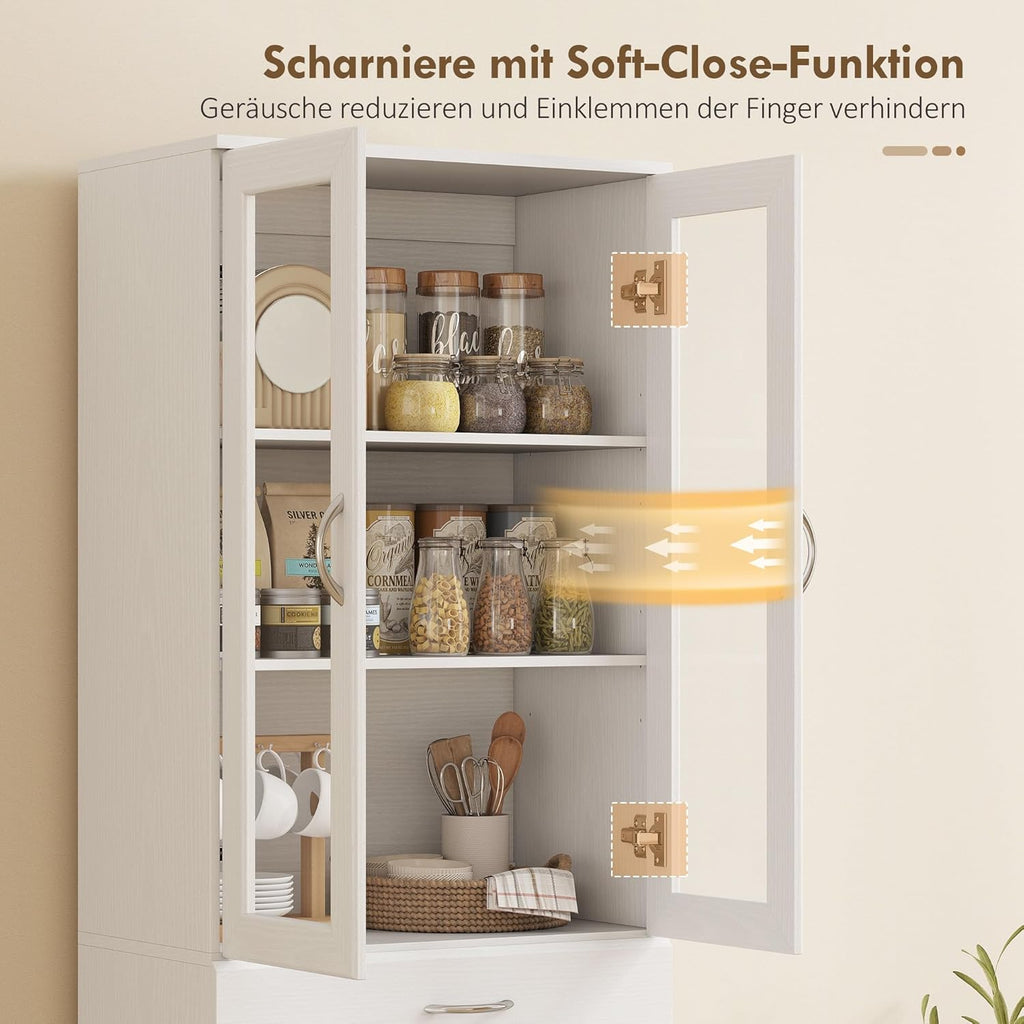 HOMCOM Alacena de cocina mueble buffet con estante ajustable, cajón, 2 armarios, armario alto con puerta de cristal y función de cierre suave para cocina, comedor, salón, 60 x 35 x 180 cm, blanco