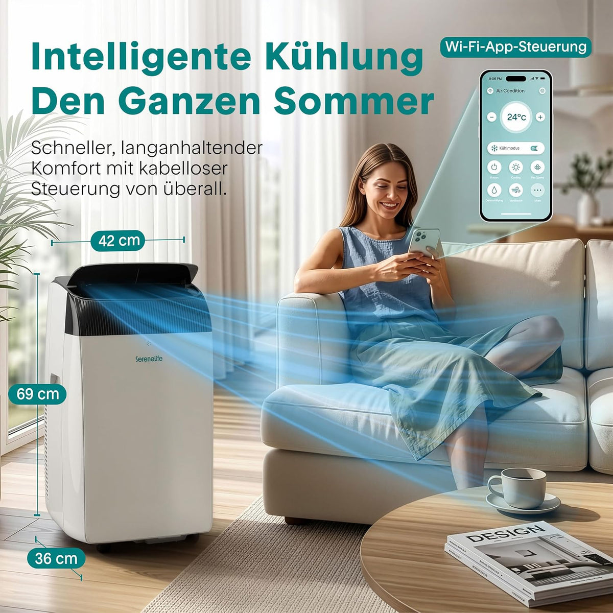 SereneLife Klimaanlage mit Abluftschlauch- Mobil, 14000 BTU WLAN, 3-in1- Kühlen Entfeuchten Venitlieren, Klimagerät mit Fensterkit, LED display, Leise und Schlafmodus, Timer und Rollen, bis 45m²