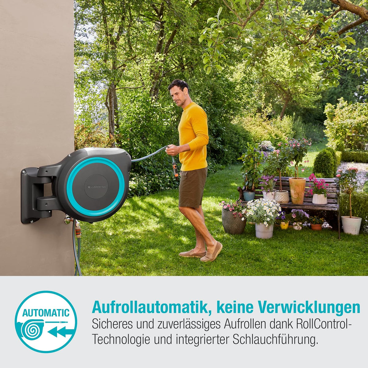 Gardena Caja portamanguera de pared RollUp XL (turquesa) 35 m: riego flexible para jardines grandes, caja portamanguera orientable, incluye manguera de calidad Gardena de 35 m y ayuda de montaje (18630-20), negro
