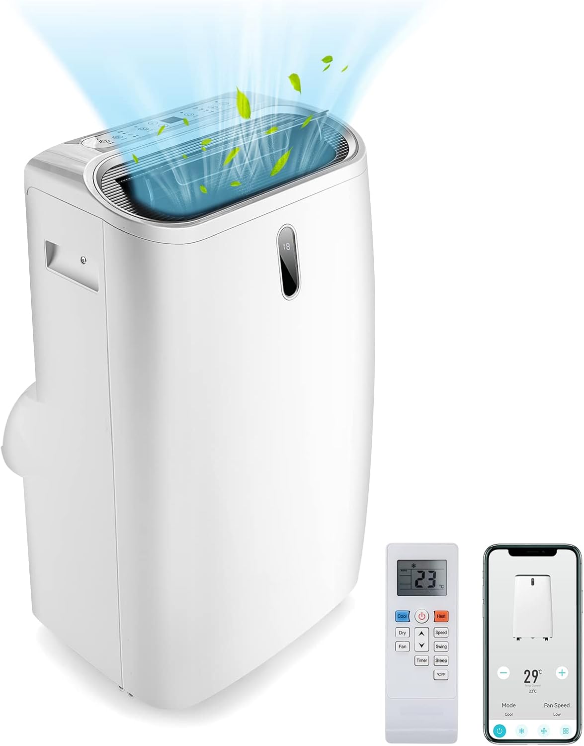 Aire acondicionado GOPLUS de 14000 BTU con tubo de escape, unidad móvil 5 en 1: refrigeración, calefacción, deshumidificación, ventilación, modo nocturno | para habitaciones de hasta 30 m² | temporizador de 24 h | aplicación/control remoto (14000 BTU)