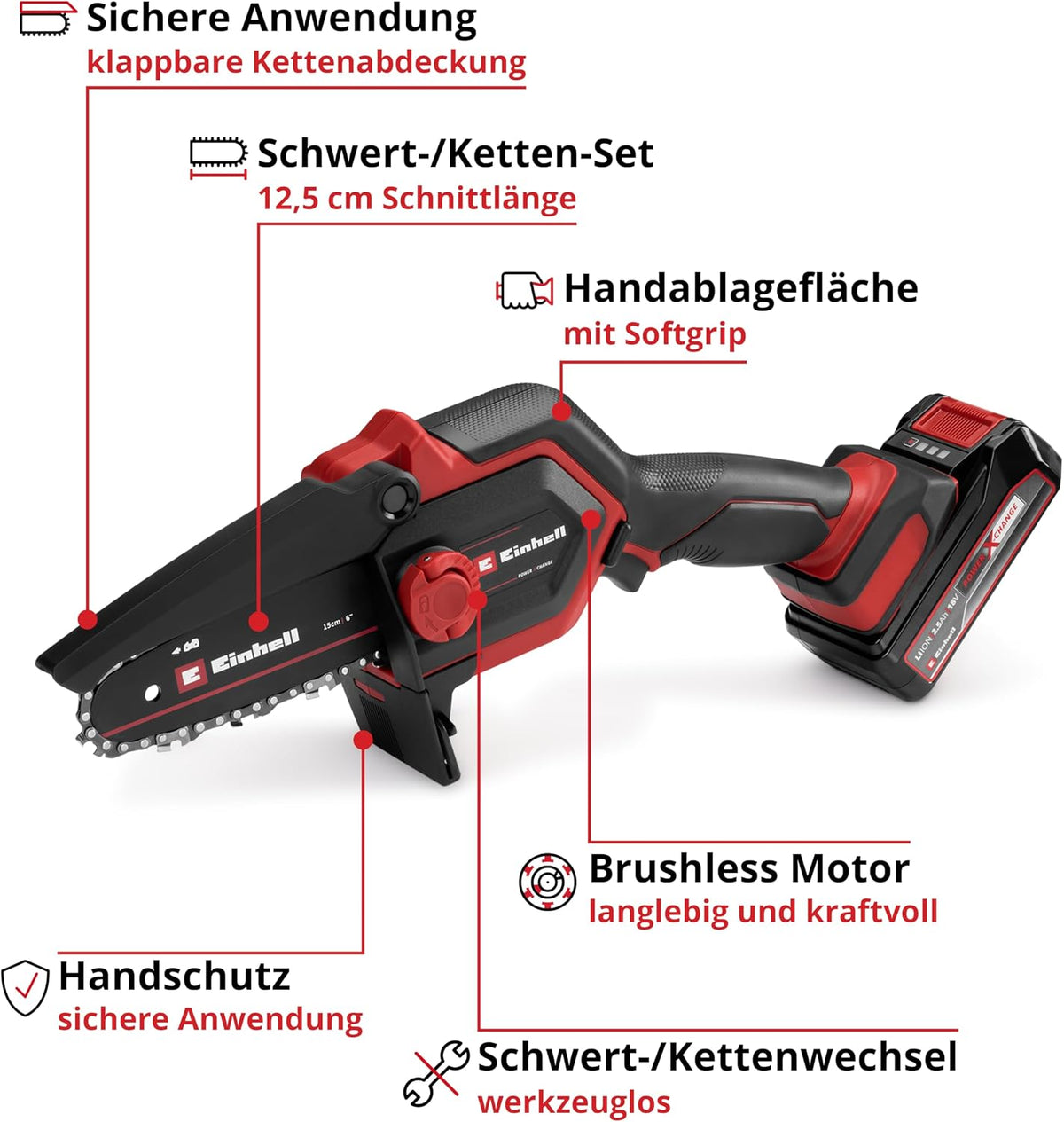 Einhell Sierra de poda a batería GE-PS 18/15 Li Bag Kit Power X-Change (18 V, motor sin escobillas, 12,5 cm de longitud de corte, incl. batería de 2,5 Ah, cargador, cadena de repuesto, bolsa Einhell 45/29)