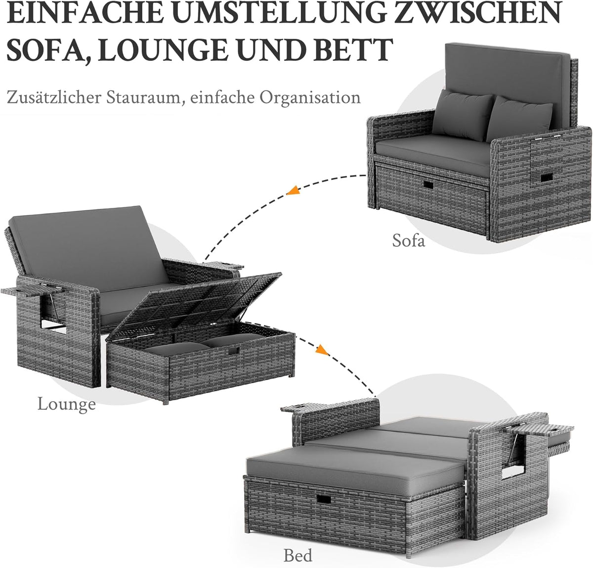 Amopatio Set de salón de jardín de ratán, sofá de jardín de 2 plazas con respaldo ajustable y espacio de almacenamiento, muebles de salón resistentes a la intemperie para balcón y terraza, con taburete y cojines, gris