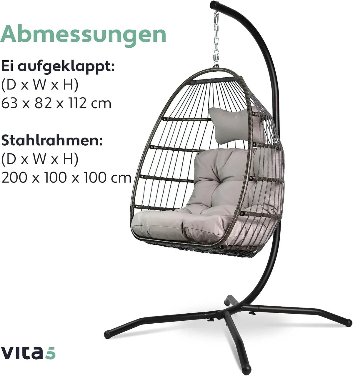 Sillón colgante con soporte, cesta tipo huevo, mecedora de ratán, diseño para interior y exterior, capacidad de carga de 150 kg, gris