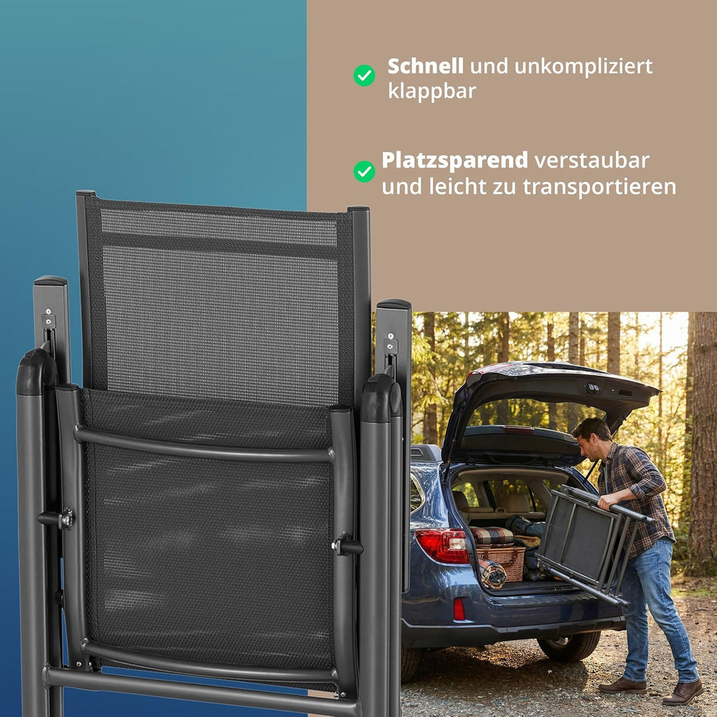 Set de 4 sillas de jardín de respaldo alto KHG, silla plegable de aluminio, respaldo ajustable en 8 posiciones con reposabrazos, gris antracita resistente a la intemperie e inoxidable, soporta 120 kg, silla de balcón, premontada, tejido sintético