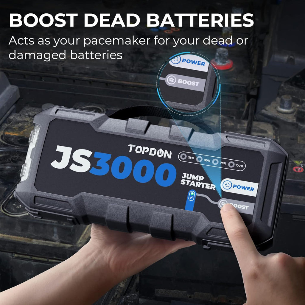 TOPDON Arrancador de batería, JS3000 Arrancador de coche 3000A/24000mAh para motores diésel de hasta 9 L y de gasolina de 7 L, carga rápida USB, linterna LED integrada