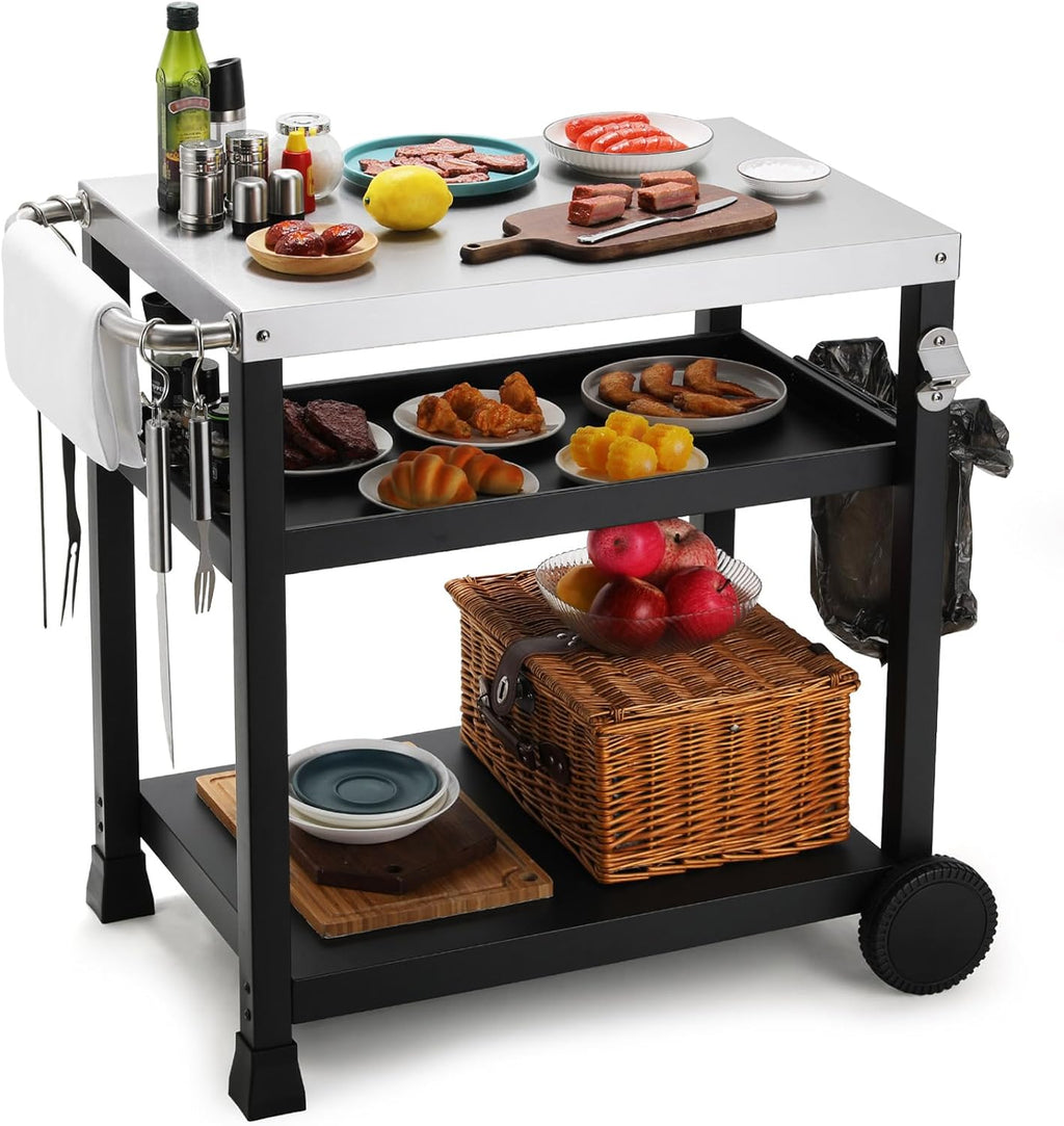 LIFERUN Edelstahl Grillwagen 3 Etagen, Grilltisch Outdoor mit Edelstahl Tischplatte, Grill Beistelltisch Servierwagen, Garten Trolley Küchenwagen mit Rollen Haken, BBQ Beistellwagen Außenbereich