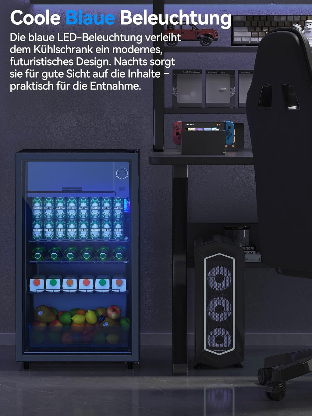Devoko Refrigerador de bebidas con puerta de cristal, mininevera de 93 L, con luces LED RGB, estantes ajustables, para interior/exterior, para el hogar, oficina, fiestas y hostelería, minibar, refrigerador negro