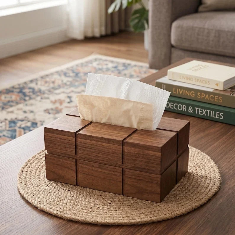 Caja para pañuelos de madera maciza de nogal estilo retro, 20x13x10 cm, decoración de mesa, accesorios para el hogar