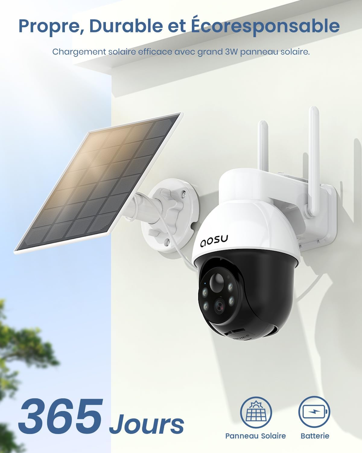 Cámara de vigilancia exterior aosu con panel solar, PTZ, seguimiento automático de personas, visión nocturna 2K, alarma sonora y luminosa, audio bidireccional, compatible con Alexa/Google