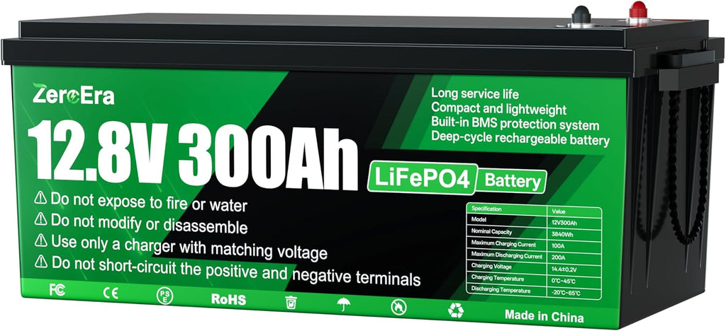 Batería LiFePO4 de 12V 300Ah, batería de litio de 3840Wh con protección de temperatura BMS de 200A, más de 15000 ciclos de carga, compatible con conexión en serie/paralelo para almacenamiento doméstico y autocaravanas.